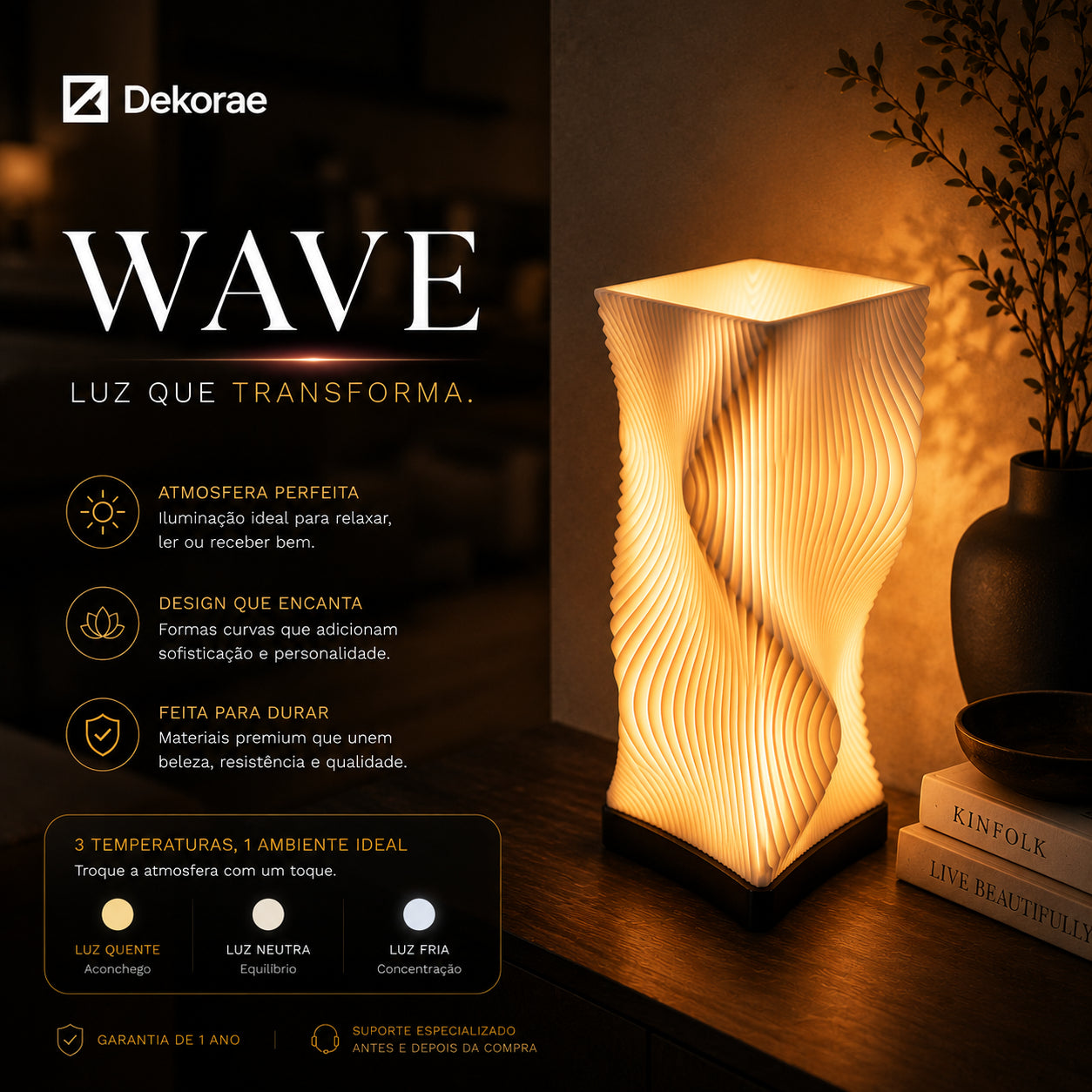 Luminária Onda Wave LED DEKORAE | Abajur | Design Escultural