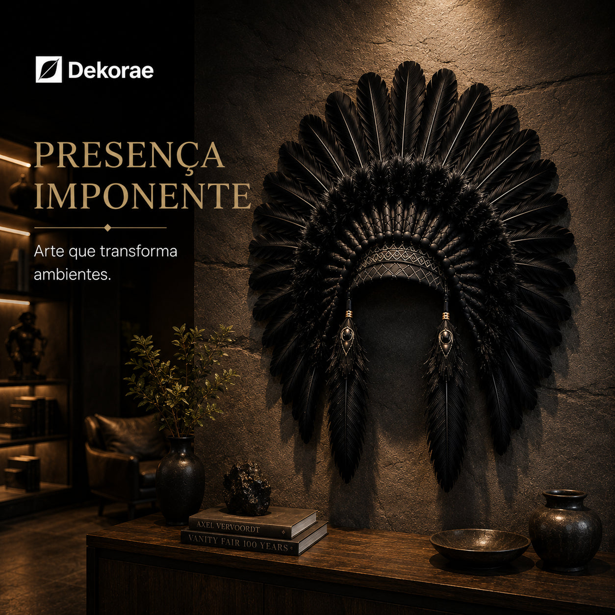 Cocar Ancestral Decorativo Artesanal Pena Natural Parede Luxo I Dekorae