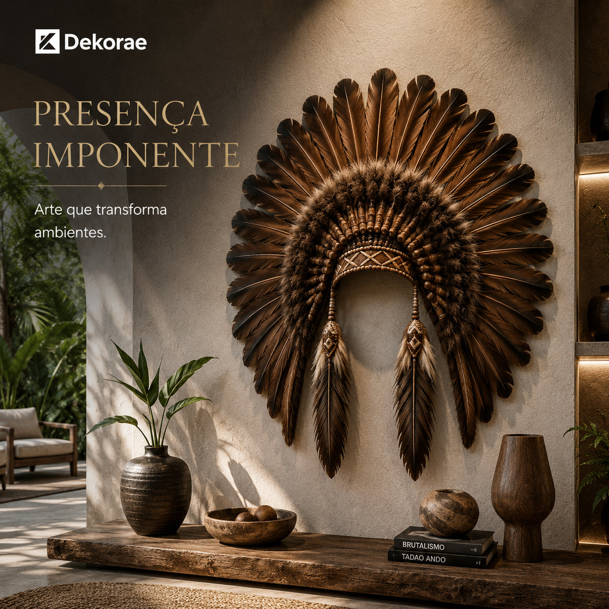 Cocar Ancestral Decorativo Artesanal Pena Natural Parede Luxo I Dekorae