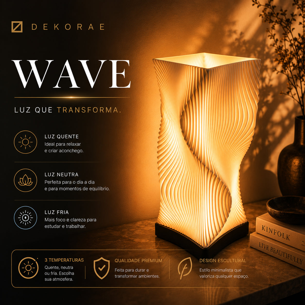 Luminária Onda Wave LED DEKORAE | Abajur | Design Escultural