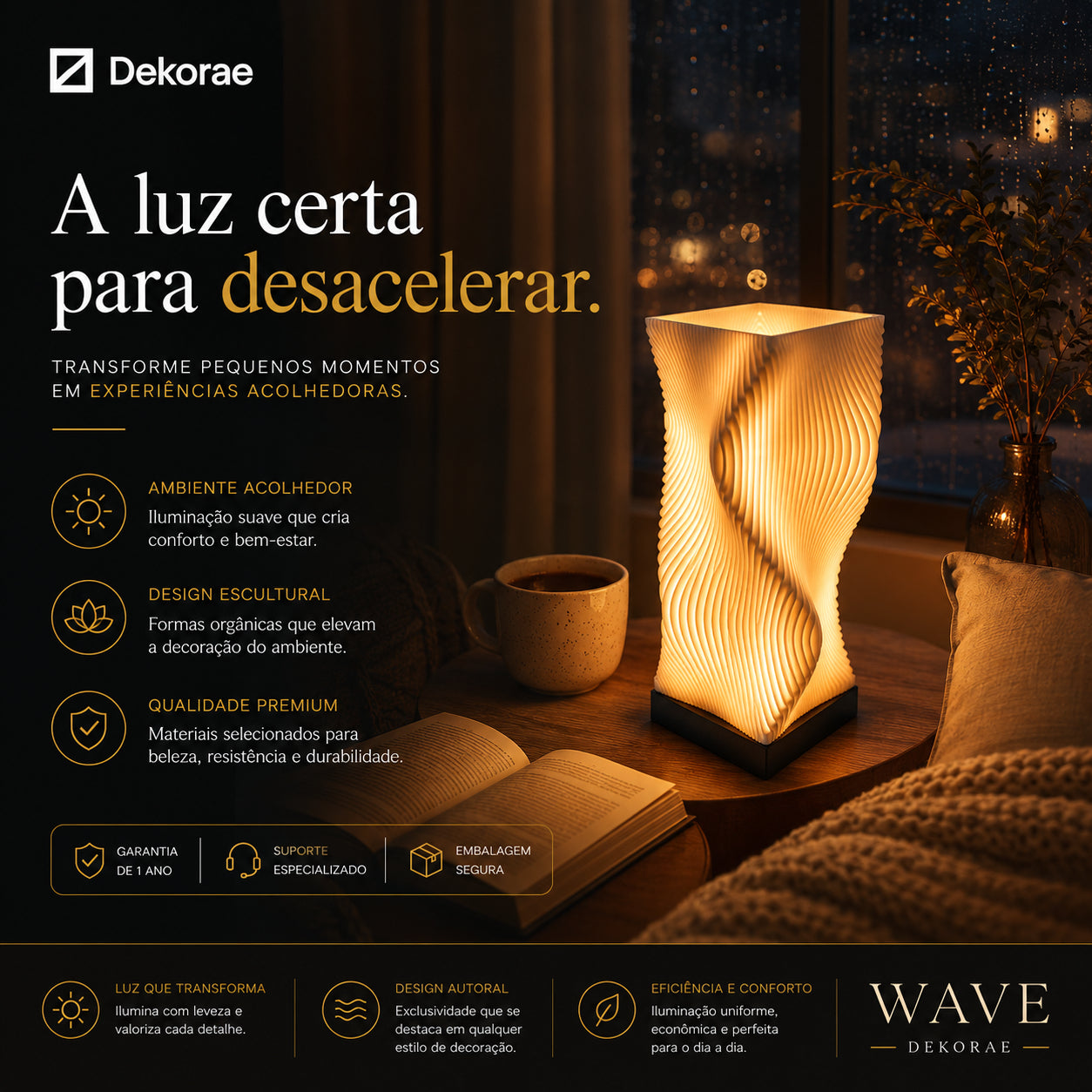 Luminária Onda Wave LED DEKORAE | Abajur | Design Escultural