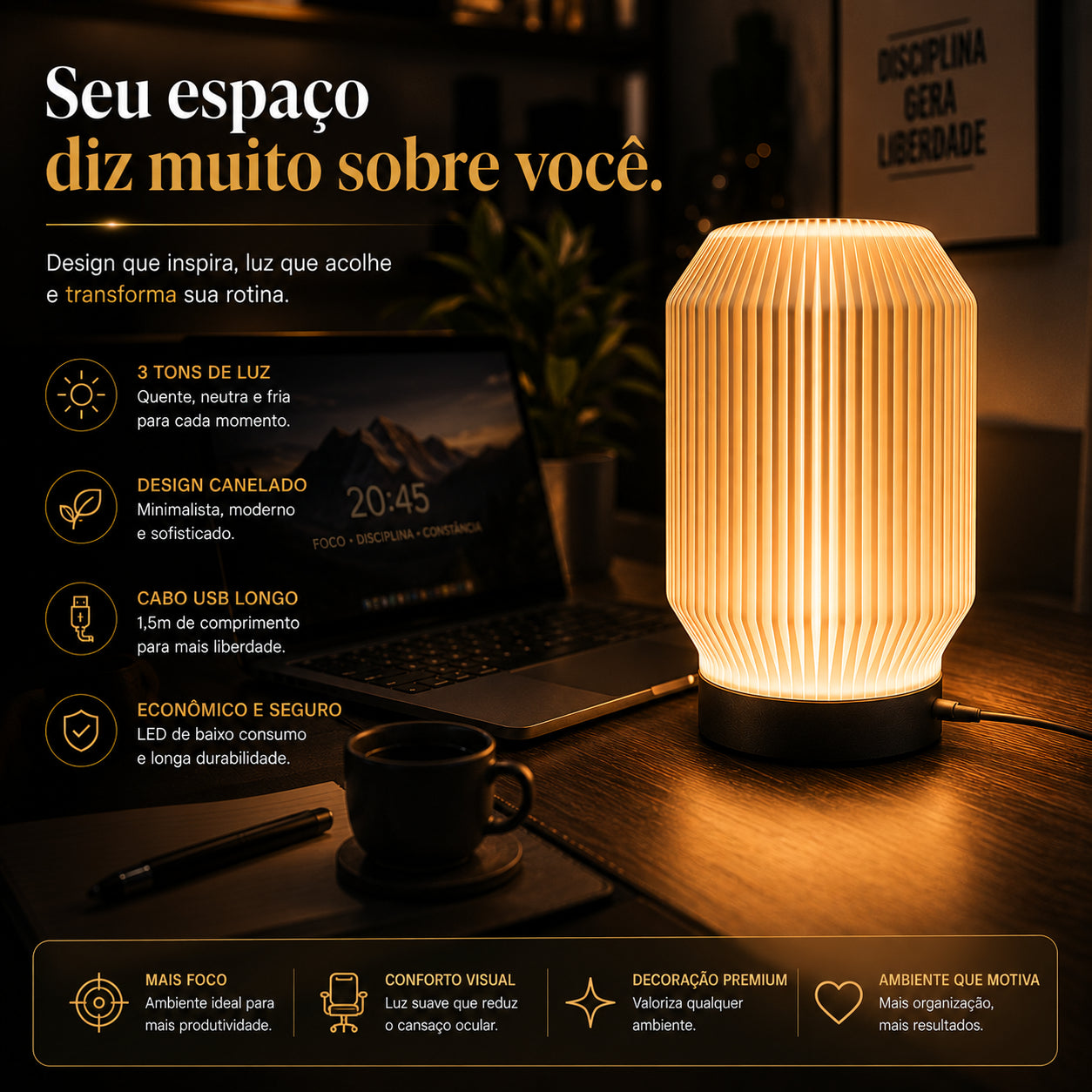 Luminária Abajur LED Canelada 3D Dekorae™