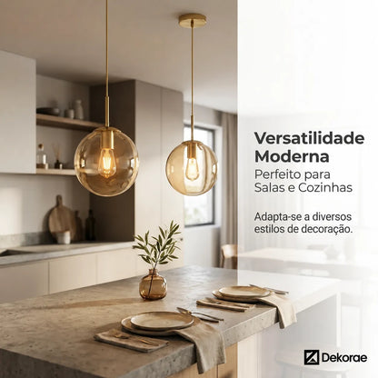 Lustre Pendente Teto Globo Vidro Dourado E27 Com Lâmpada