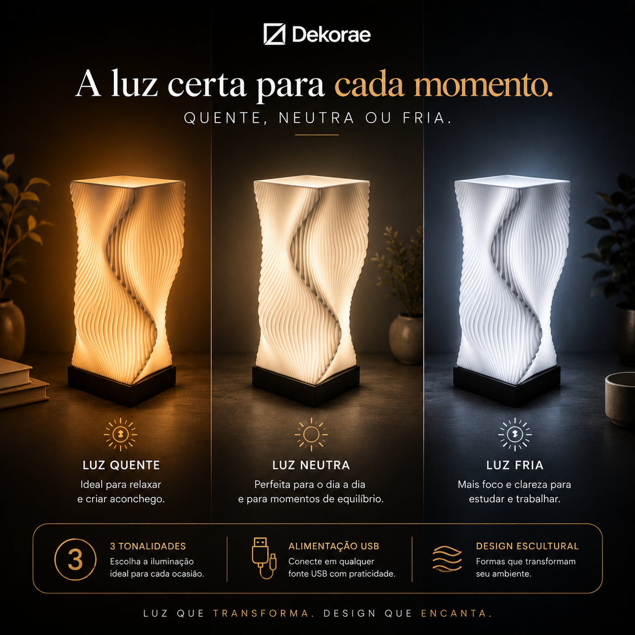 Luminária Onda Wave LED DEKORAE | Abajur | Design Escultural
