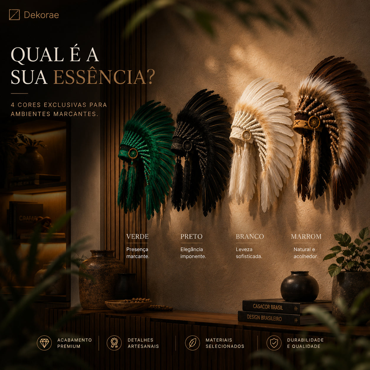 Cocar Ancestral Decorativo Artesanal Pena Natural Parede Luxo I Dekorae