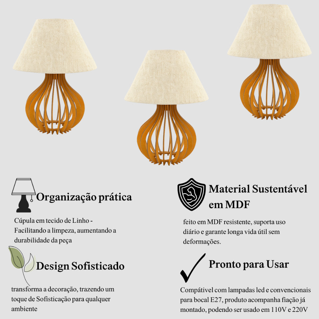 Ficha visual com materiais, soquete E27 e compatibilidade bivolt