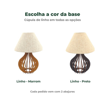 Duas opções de cor da base: marrom ou preta, ambas com cúpula bege