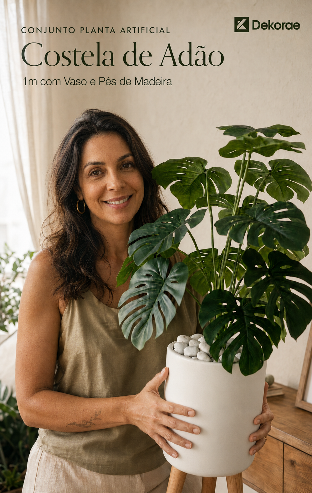 Conjunto Planta Artificial Costela de Adão 1m com Vaso e Pés de Madeira