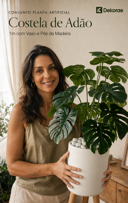 Conjunto Planta Artificial Costela de Adão 1m com Vaso e Pés de Madeira