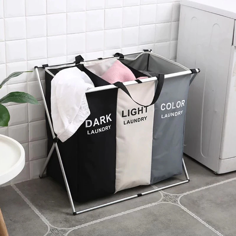 Cesto Roupa Dobrável Grande 3 Compartimentos Organizador Separador aluminio