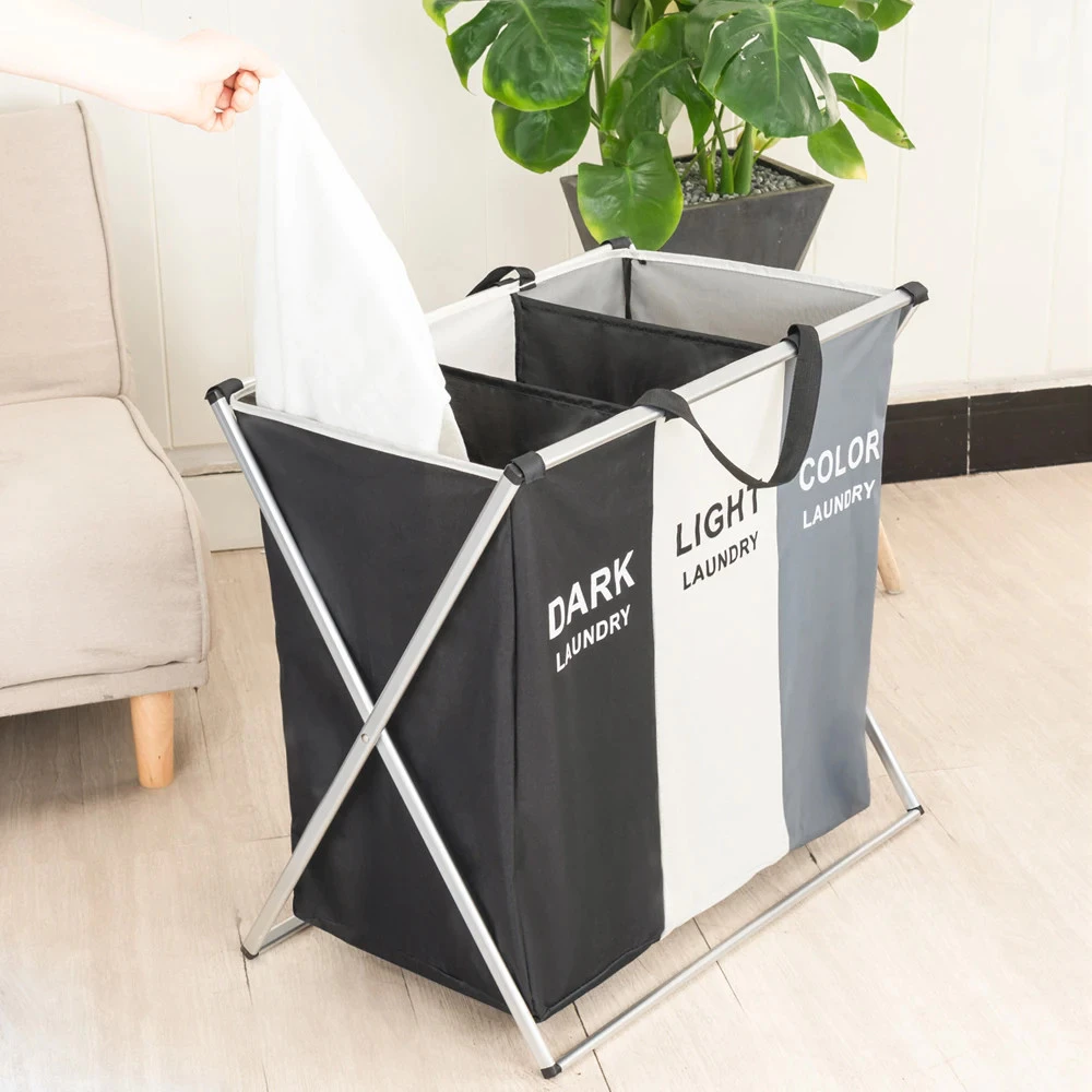 Cesto de roupa dobrável grande 3 compartimentos Dekorae, organizador separador para lavanderia