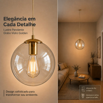 Lustre Pendente Teto Globo Vidro Dourado E27 Com Lâmpada