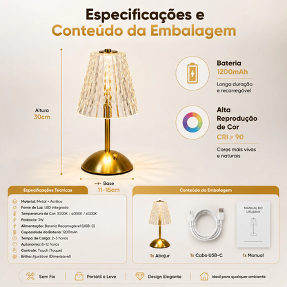 Luminária de Mesa LED Abajur Cristal Touch Recarregável 3 Cores Sem Fio Candeeiro