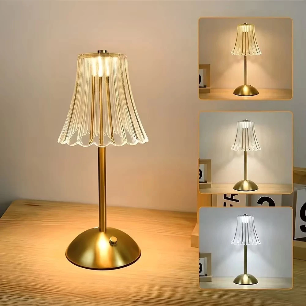 Luminária de Mesa LED Abajur Cristal Touch Recarregável 3 Cores Sem Fio Candeeiro