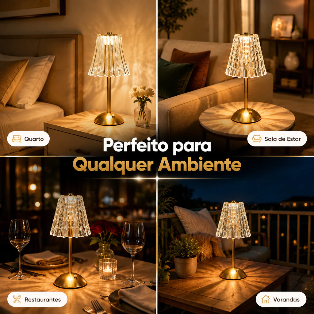 Luminária de Mesa LED Abajur Cristal Touch Recarregável 3 Cores Sem Fio Candeeiro