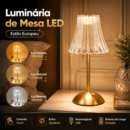 Luminária de Mesa LED Abajur Cristal Touch Recarregável 3 Cores Sem Fio Candeeiro