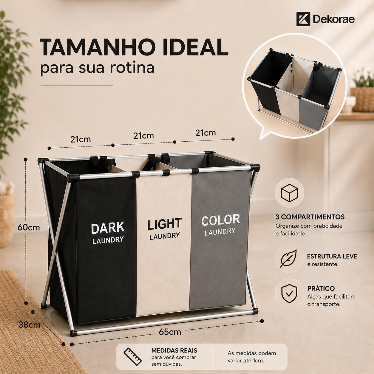 Cesto de roupa dobrável grande 3 compartimentos Dekorae, organizador separador para lavanderia